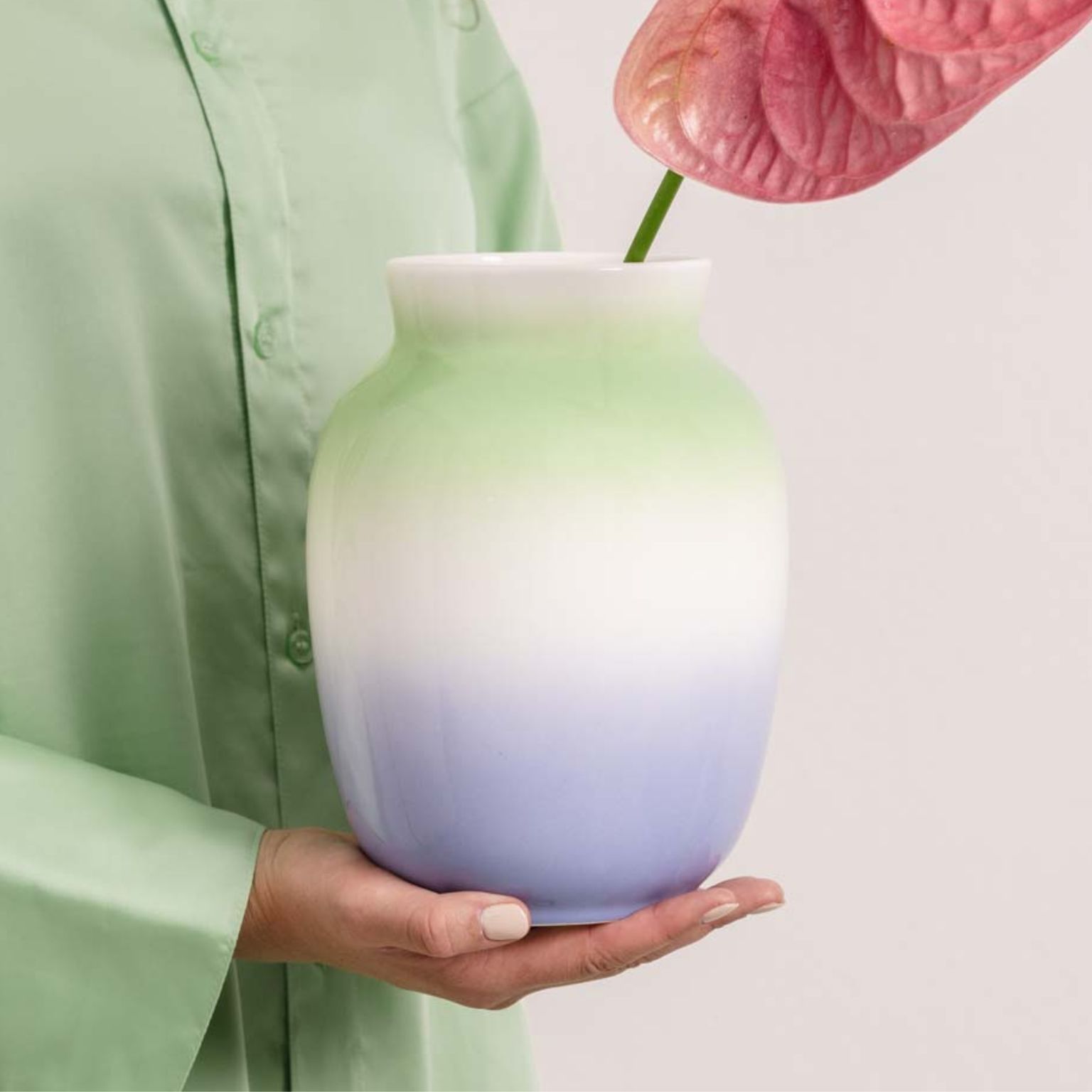 Balance vase with delicate colour gradients in green and lilac.